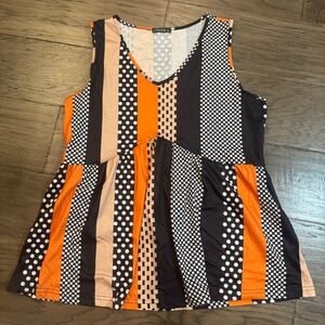 Ofeefan‎ XL Striped Polka Dot Sleeveless Blouse Top Orange Black Women's
